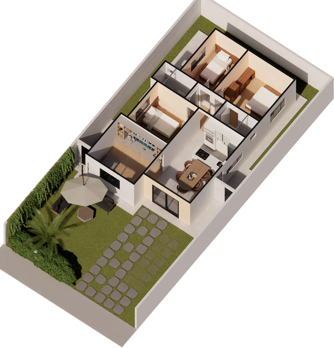 Monocasa: planta baixa 3D, 3 quartos