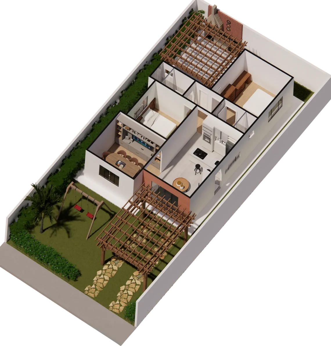 Monocasa: planta baixa 3D, 2 quartos com pergolado